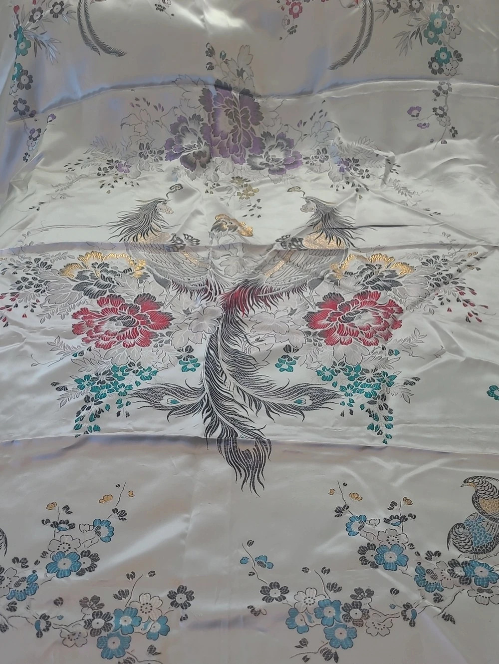 Japanese Floral Embroidered Textile Silver & Multicolor Approx 47 " W X 72" L